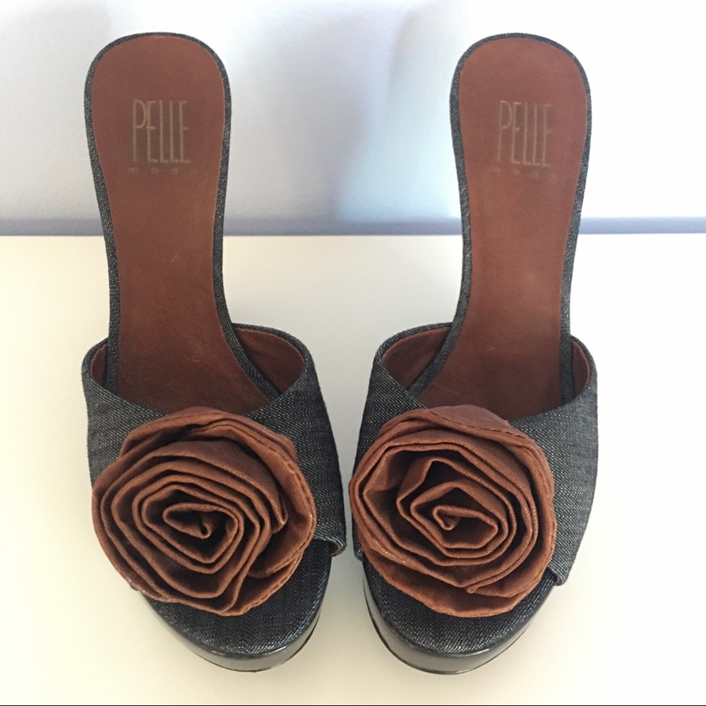 Pelle moda denim wedge slide sandals 5” heel pin-up girl - 7
